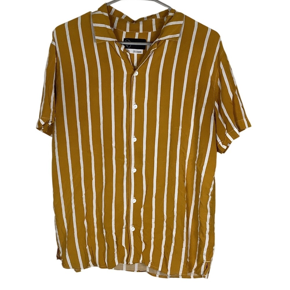 Original Use Mens Mustard Yellow White Vertical Stripe Short Sleeve Camp Shirt M